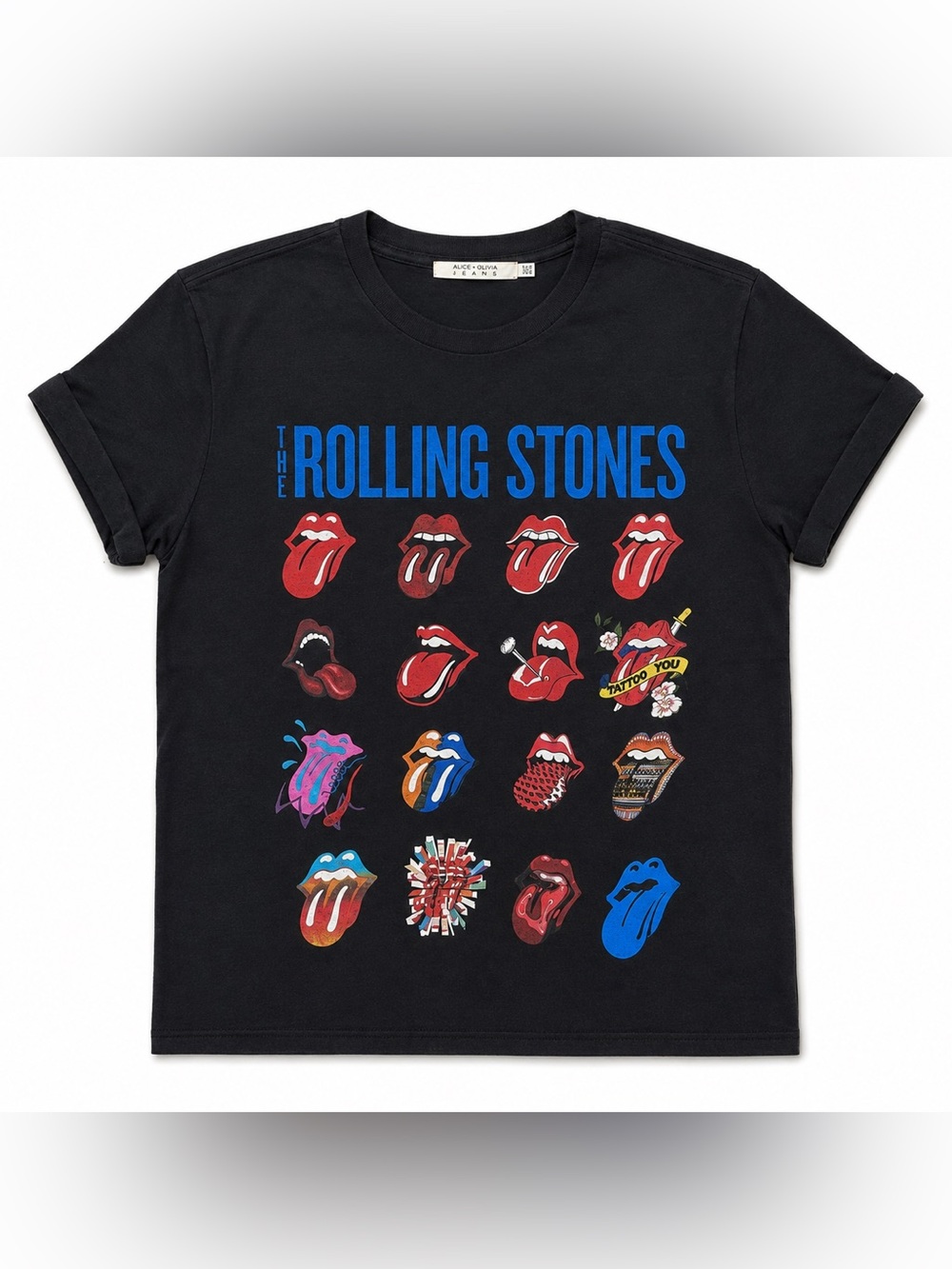 Alice + Olivia Black Rolling Stones Graphic Shira Tee w Multicolor Tongues XS/S - Picture 3 of 7
